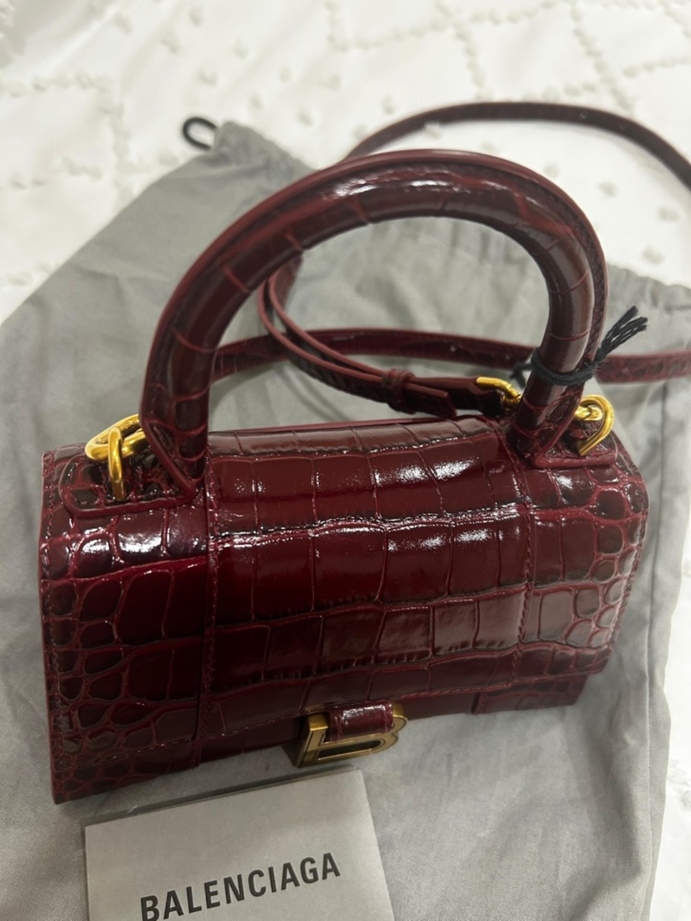 Balenciaga Mini Top Handle Bag in Burgundy Croc-Embossed Leather - Picture 5 of 9